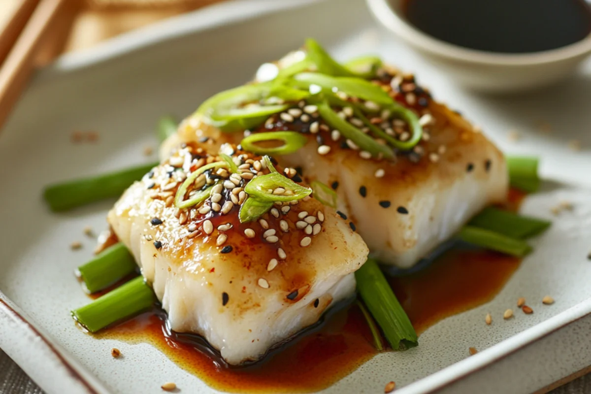 Steamed fish with soy sauce, ginger, scallions, and sesame seeds, served in an elegant Asian-inspired presentation.
