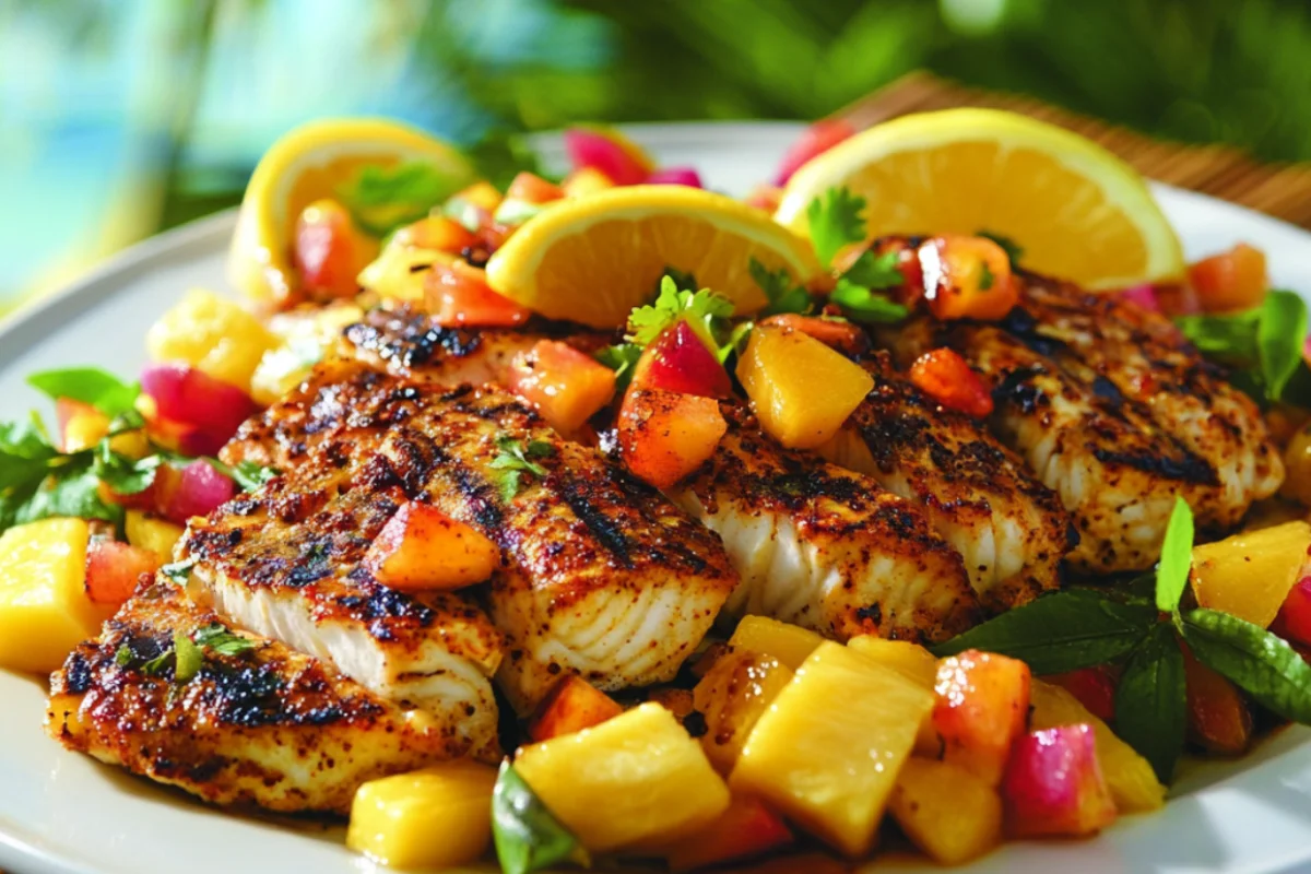 Caribbean jerk-seasoned grilled fish with tropical fruits like mango and pineapple, served on a bamboo table with a beachy vibe.