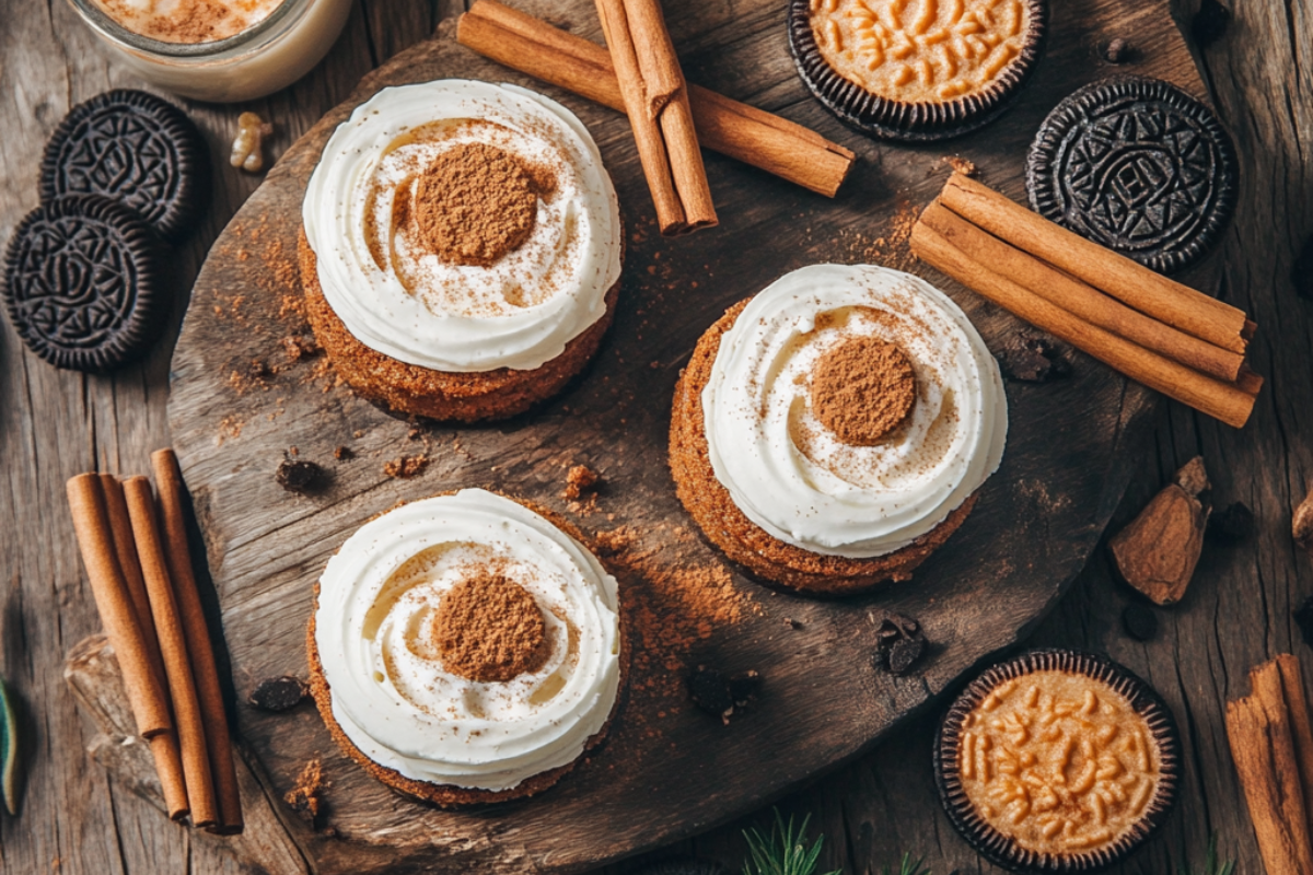 Flat-lay of Carrot Cake Oreos with carrot cake slices, cinnamon sticks, and cream cheese frosting on a wooden table.