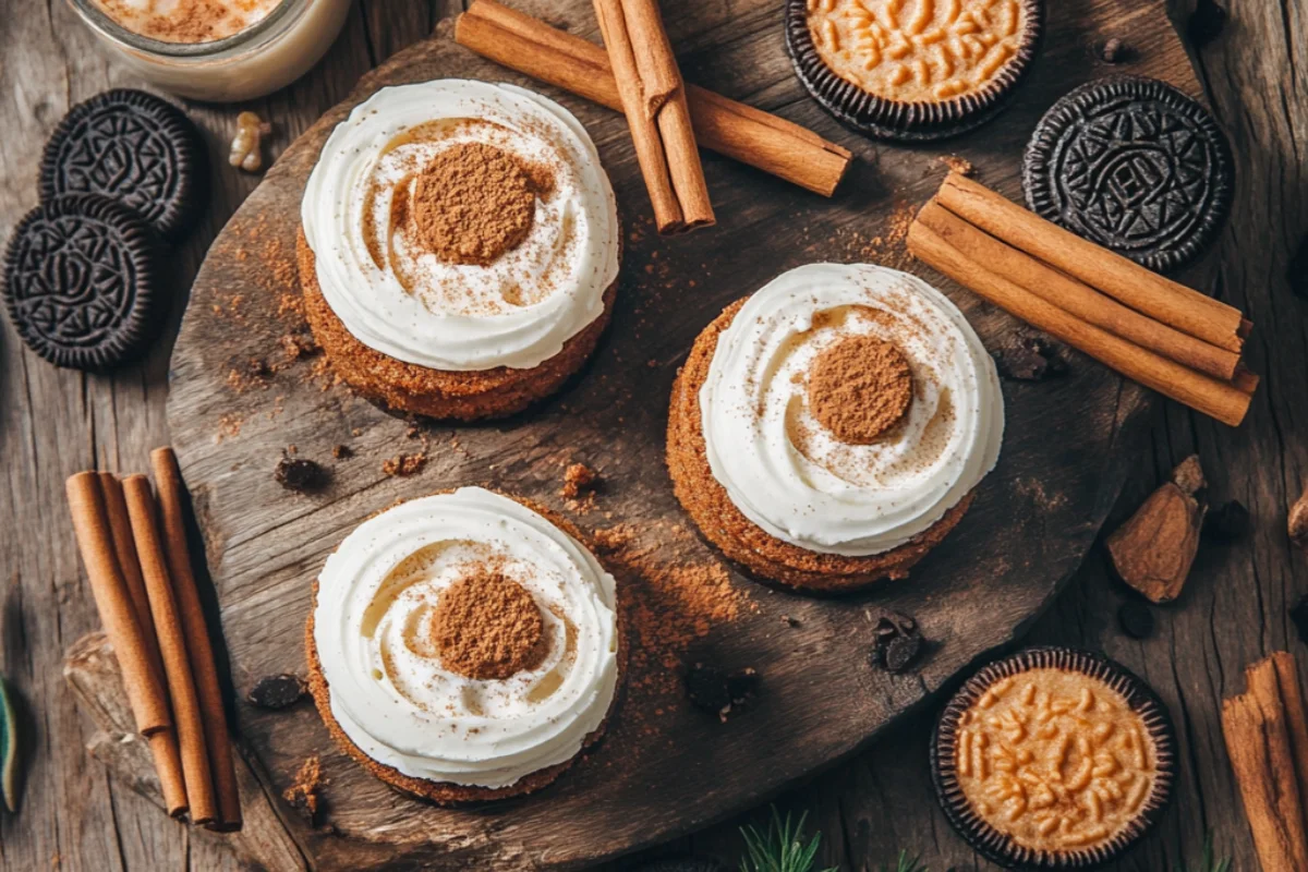 Flat-lay of Carrot Cake Oreos with carrot cake slices, cinnamon sticks, and cream cheese frosting on a wooden table.