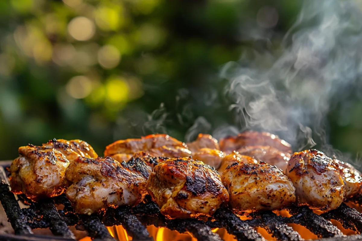 Pollo Asado grilling over an open flame with a smoky charred texture.