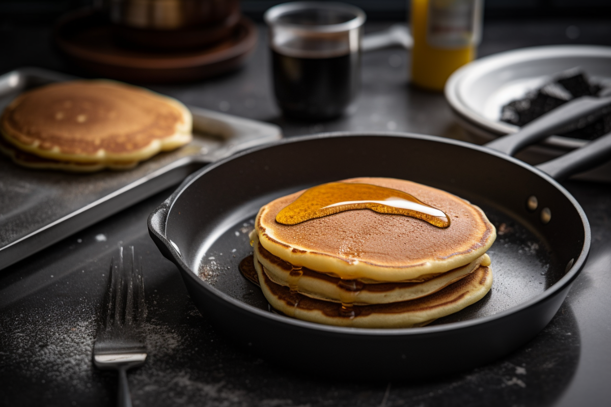 Close-up of Kodiak Cakes pancakes cooking on a griddle, with golden brown edges and bubbles forming on the surface.