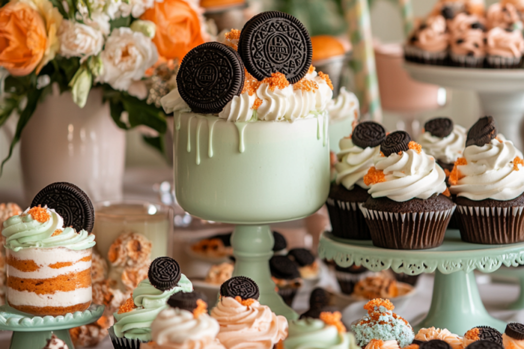 A dessert table with Carrot Cake Oreo-inspired treats including milkshakes, cupcakes, ice cream, and parfaits garnished with cookies.