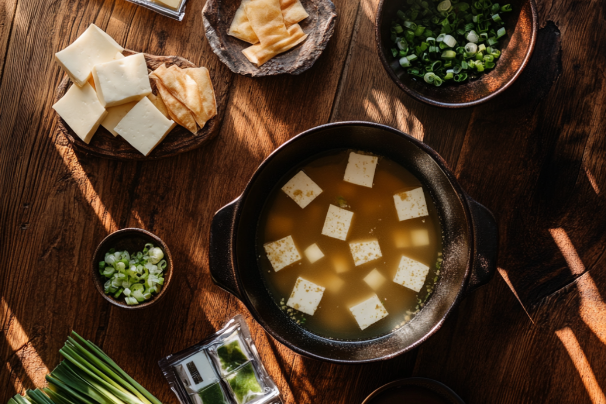 Home kitchen counter with ingredients for miso soup, including miso paste, dashi, tofu, and scallions, with a pot of simmering soup.