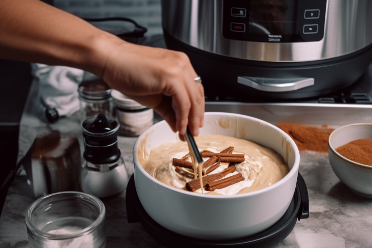 "Mixing cream cheese filling for churro cheesecake with an electric mixer