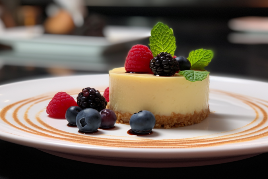 Beautifully plated slice of churro cheesecake garnished with mint and berries