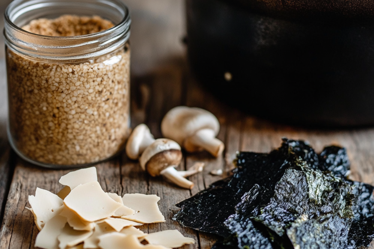 Key dashi ingredients, including kombu, katsuobushi, and shiitake mushrooms.