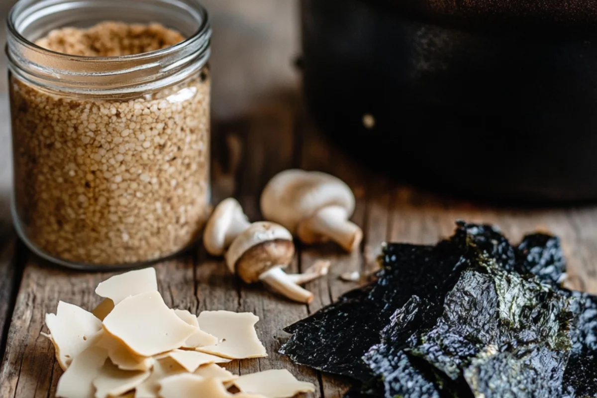 Key dashi ingredients, including kombu, katsuobushi, and shiitake mushrooms.