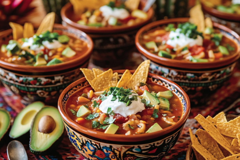 A festive table set for a Santa Fe Soup night, with bowls of soup and vibrant Southwestern decor, including cacti and colorful textiles.