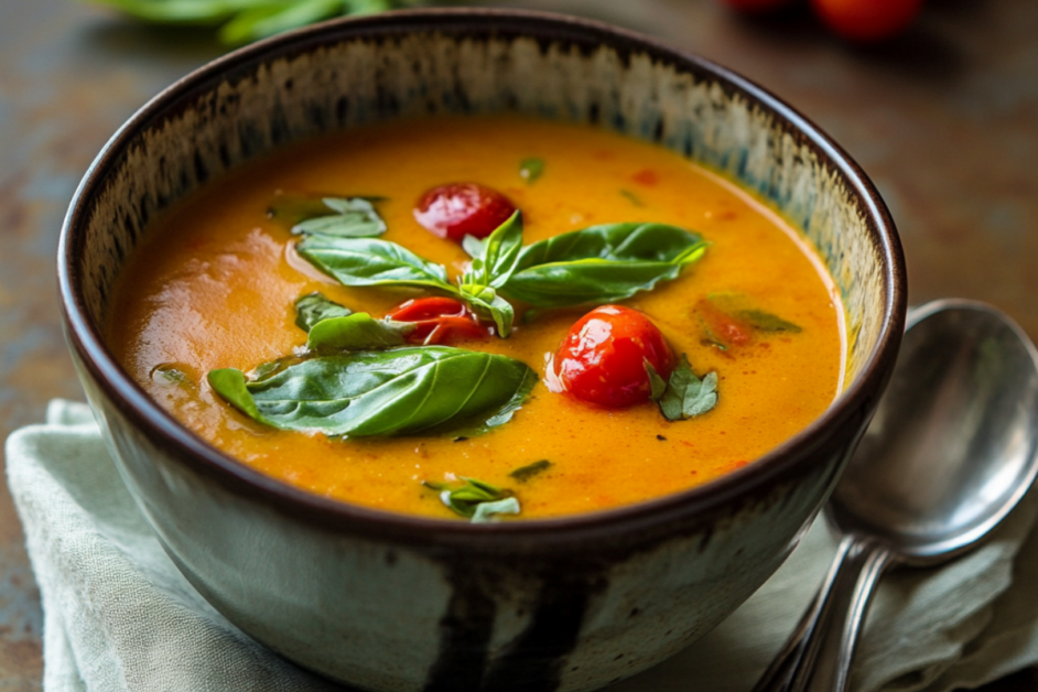 Fusion Japanese miso-tomato soup garnished with basil leaves and cherry tomatoes, showcasing modern and traditional elements.