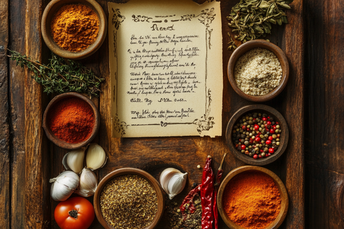 Flat lay of ingredients for hillbilly fish fry seasoning on a rustic wooden table, featuring spices and a recipe card.