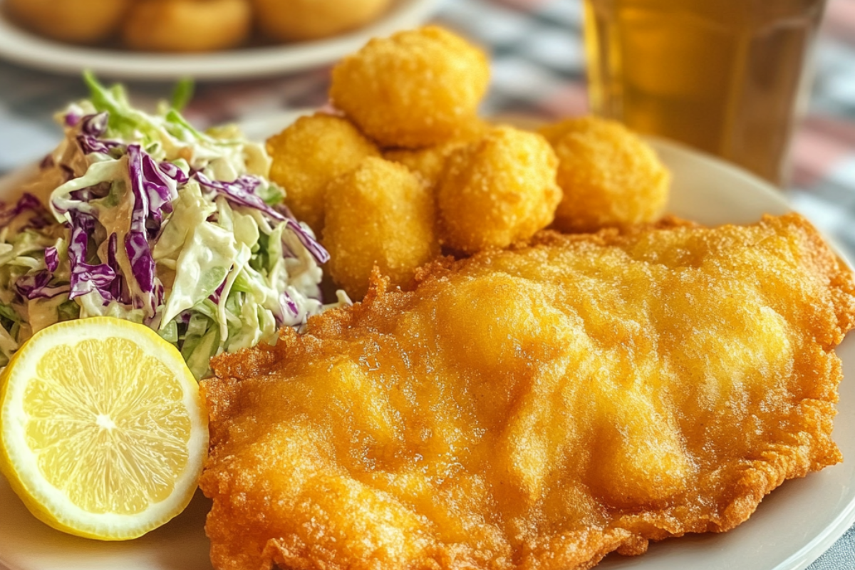 Crispy fried fish served with hush puppies, coleslaw, and a glass of sweet tea on a gingham tablecloth.