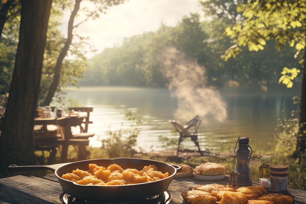 A traditional hillbilly fish fry near an Appalachian lake, with a cast-iron skillet, fried fish, and a gathering of family and friends.