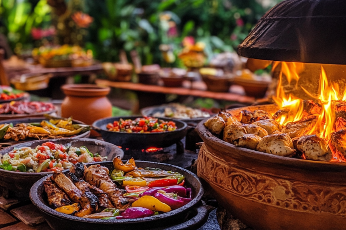 Traditional Latin American gathering with Pollo Asado grilled over open flames, surrounded by colorful spices and festive decorations.