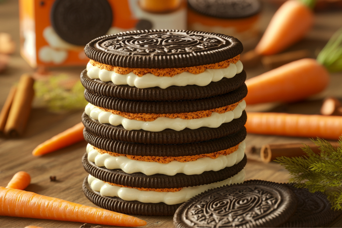 Carrot Cake Oreo cookies stacked on a wooden table with packaging, fresh carrots, cream cheese frosting, and cinnamon sticks.