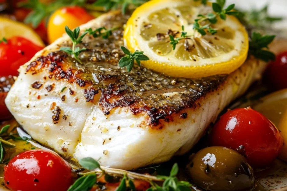 Grilled Mediterranean-style sea bass with olive oil, lemon slices, and fresh thyme on a rustic table.