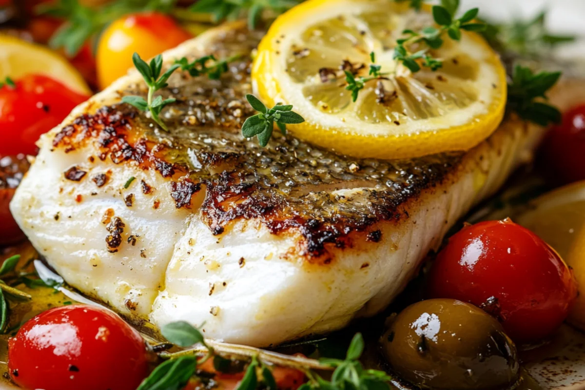 Grilled Mediterranean-style sea bass with olive oil, lemon slices, and fresh thyme on a rustic table.