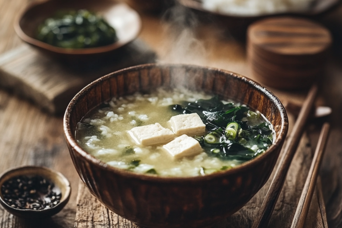 Traditional Japanese miso soup served with rice, tofu, and seaweed on a rustic wooden table with Japanese utensils in the background