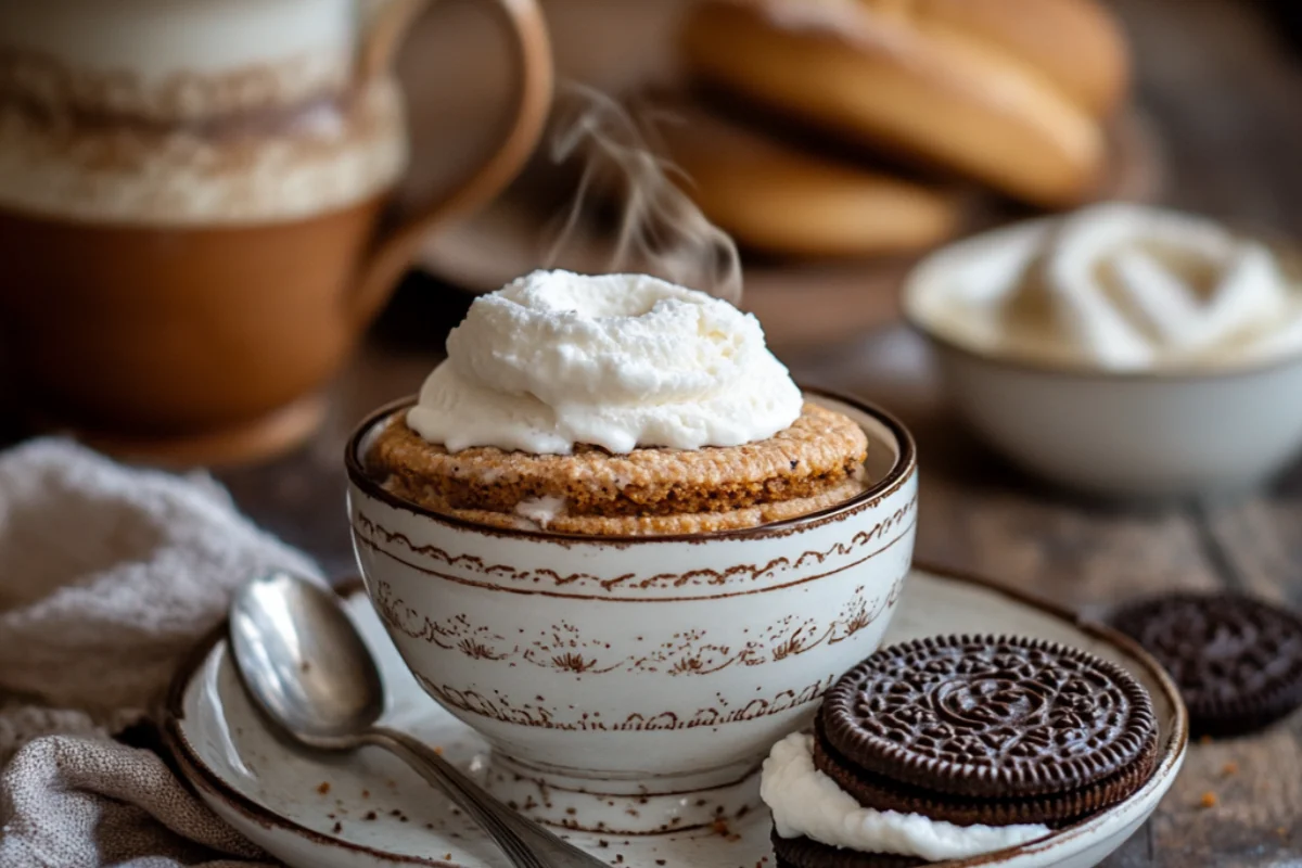 Carrot Cake Oreos paired with chai tea, vanilla ice cream, and cinnamon buns in a cozy table setting.