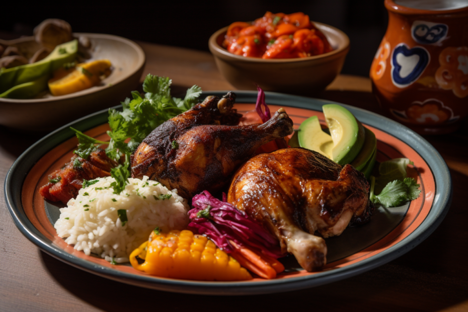 Pollo Asado served on a colorful plate with tortillas, rice, beans, and grilled vegetables, styled in a traditional Latin American presentation.