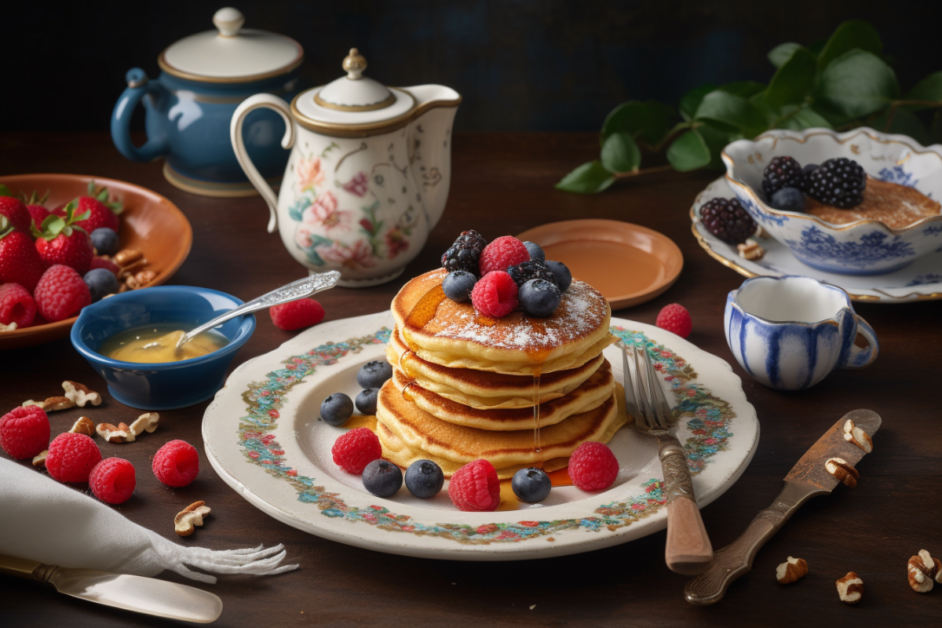 Stack of golden Kodiak Cakes pancakes topped with fresh berries, butter, and maple syrup on a vibrant breakfast table setting.