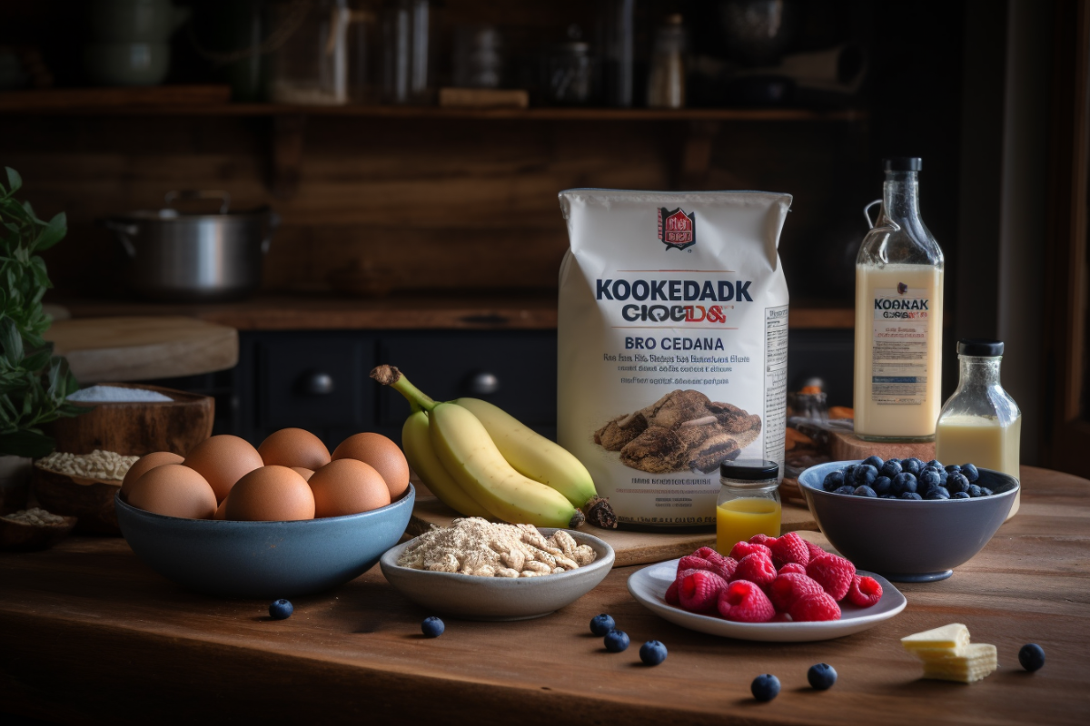 Rustic kitchen with Kodiak Cakes pancake batter and fresh ingredients like eggs, milk, and blueberries on a wooden counter.