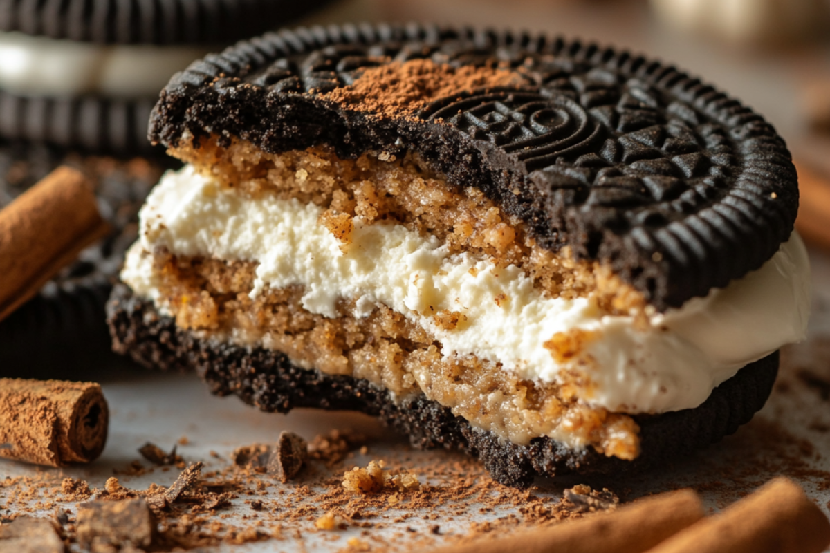 Close-up of a broken Carrot Cake Oreo cookie showcasing its creamy filling and spiced cookie texture with cinnamon and nutmeg nearby.