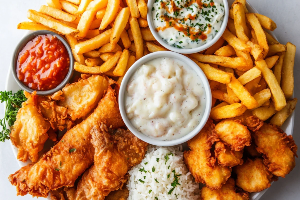Platter of fried fish from global cuisines, including tempura, catfish, and fish and chips, with diverse sides.