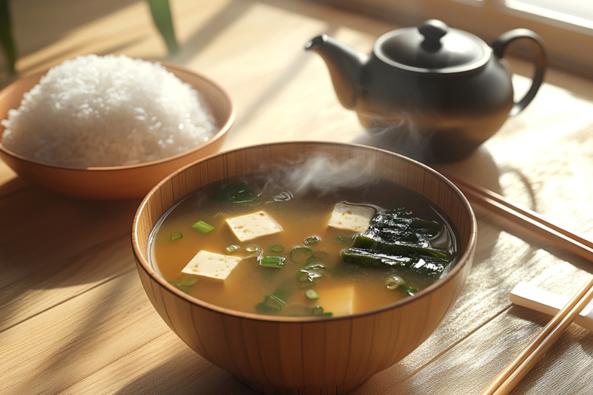 Traditional miso soup with tofu, seaweed, and scallions, served with rice and chopsticks on a wooden table.