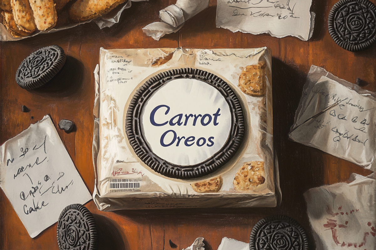 Nostalgic display of an empty Carrot Cake Oreo package with vintage snack memorabilia and fan letters.