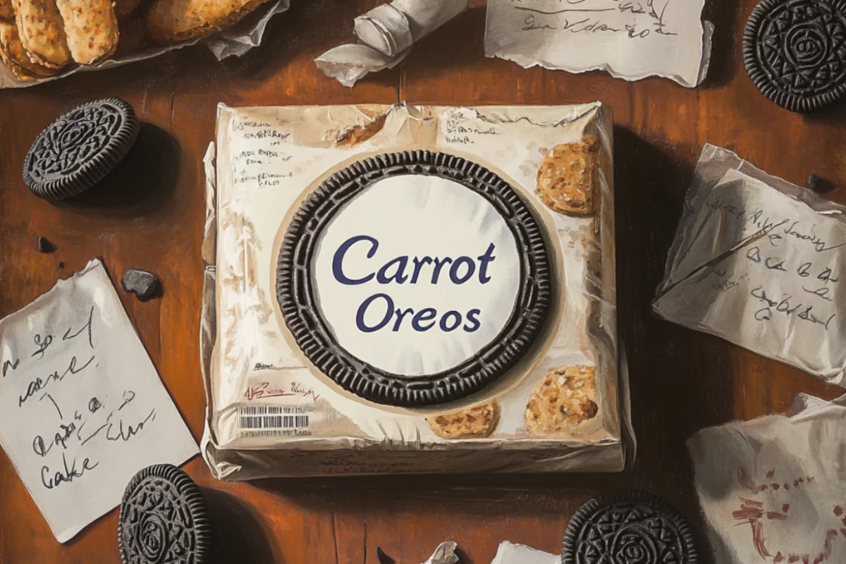 Nostalgic display of an empty Carrot Cake Oreo package with vintage snack memorabilia and fan letters.