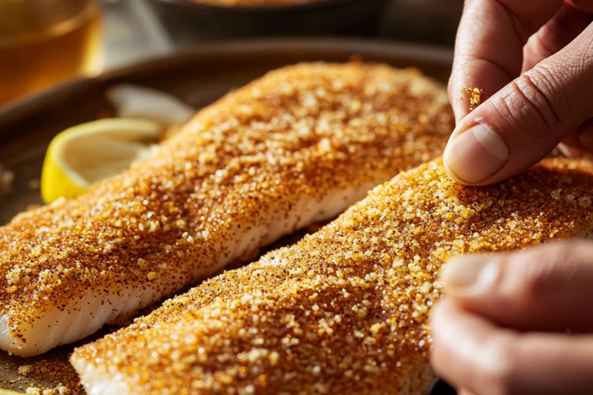 Hands coating fish fillets with a cornmeal and spice blend for a Louisiana fish fry, with bowls of seasoning and lemon slices in the background.