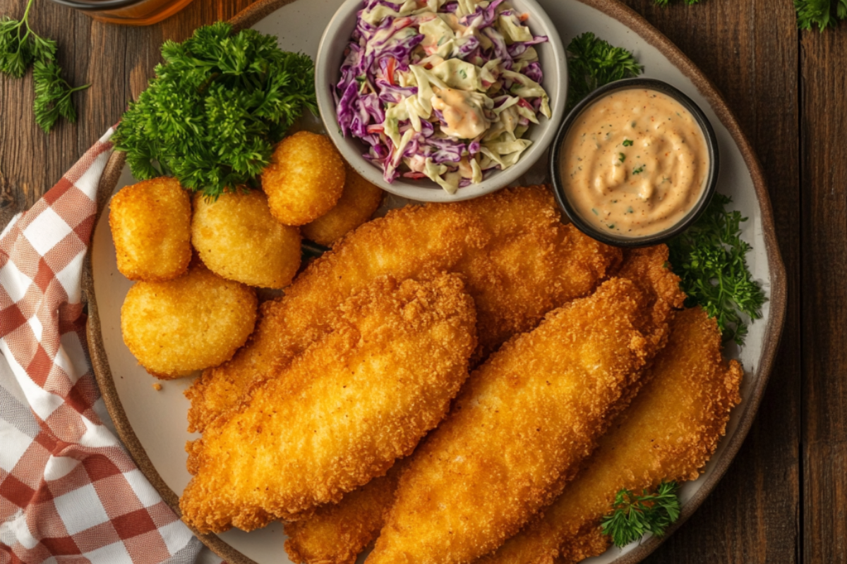 Plated Louisiana fish fry meal with crispy fish, hush puppies, coleslaw, and dipping sauce, served with iced tea on a rustic table." By integrating these visuals at strategic points, the article will have an engaging visual narrative that complements the content.