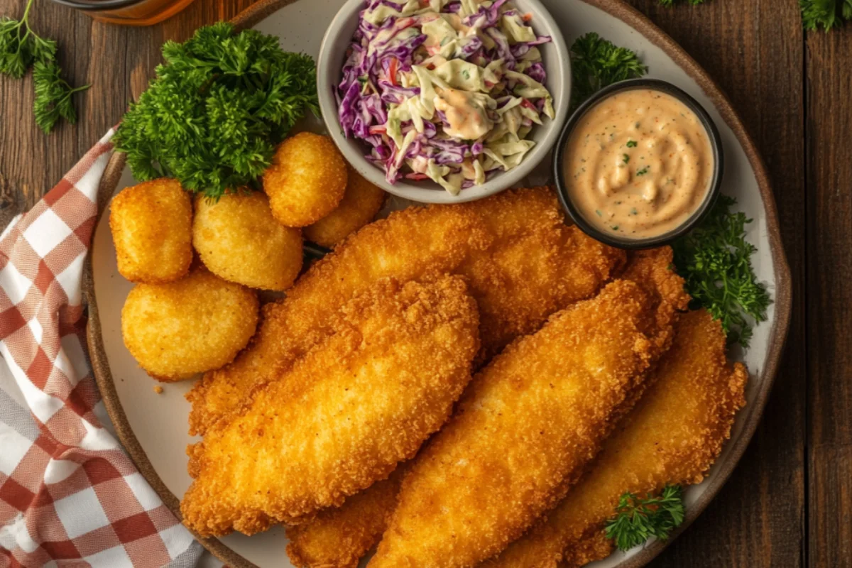 Hands coating fish fillets with a cornmeal and spice blend for a Louisiana fish fry, with bowls of seasoning and lemon slices in the background.