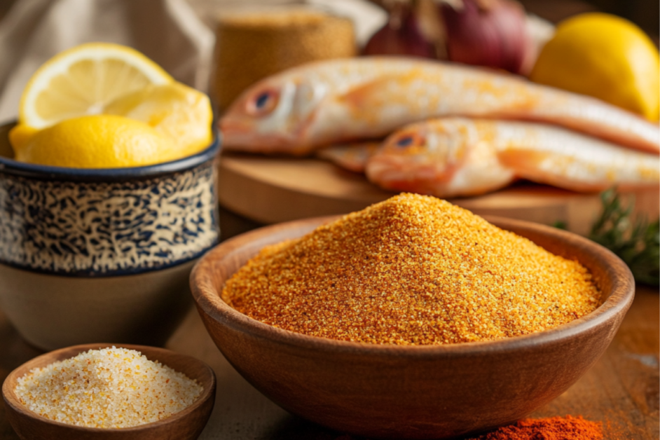 Rustic kitchen with spices and ingredients for Louisiana fish fry seasoning, including paprika, cayenne, garlic powder, and fresh fish on a wooden countertop.