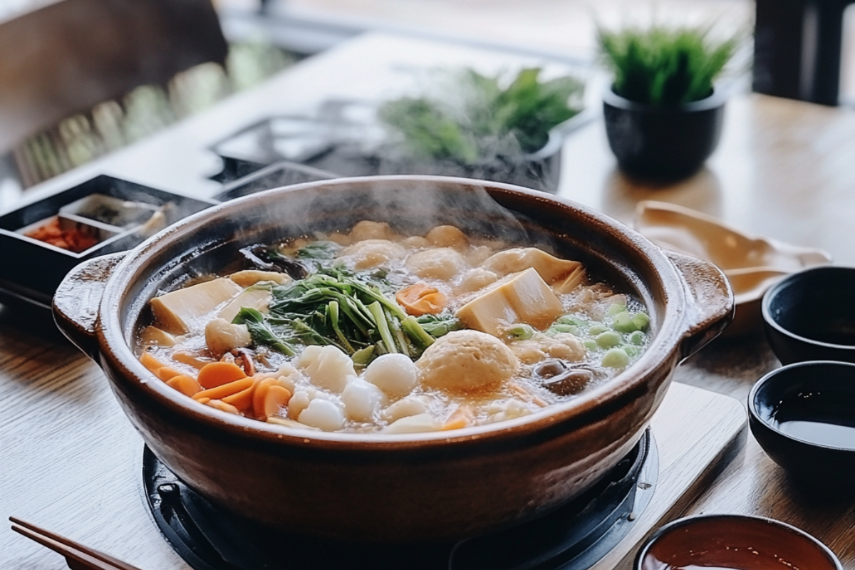 A steaming nabe hot pot soup with vegetables, tofu, and seafood in a clay pot, accompanied by dipping sauces and traditional Japanese dining setup.