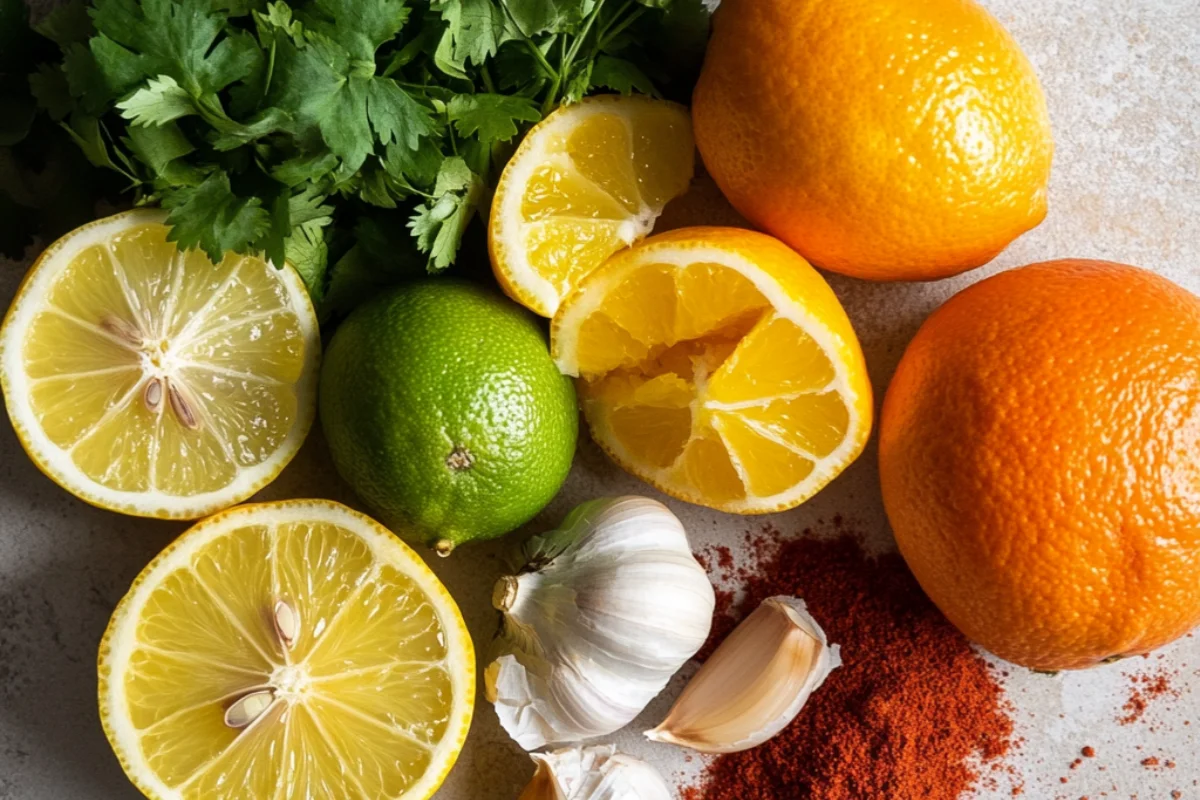 Pollo Asado marinade ingredients on a kitchen countertop, including citrus and spices.