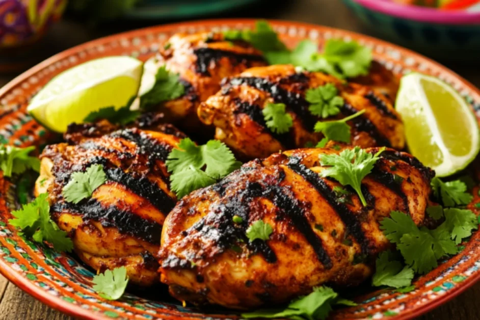 Grilled Pollo Asado served with lime and cilantro on a rustic table.