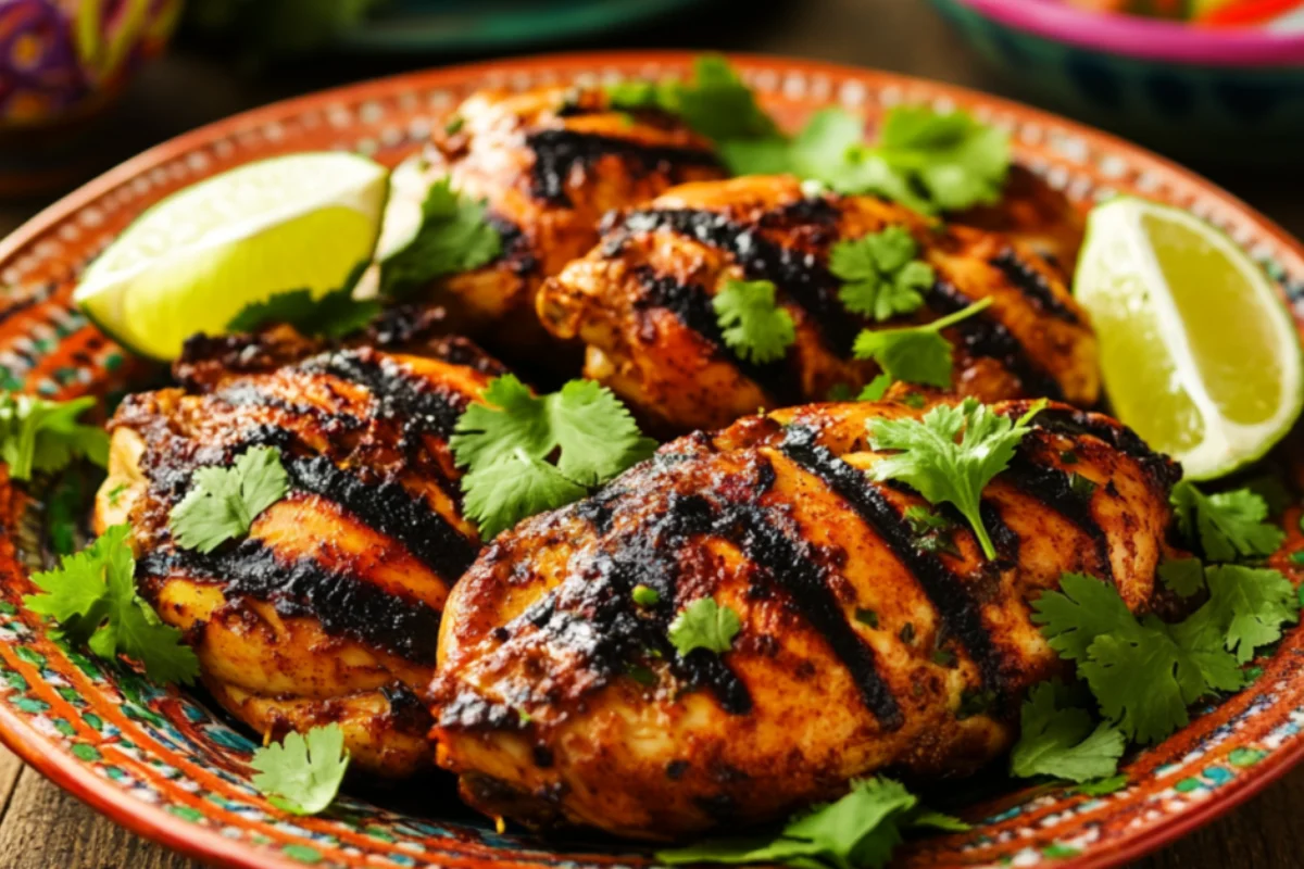 Grilled Pollo Asado served with lime and cilantro on a rustic table.