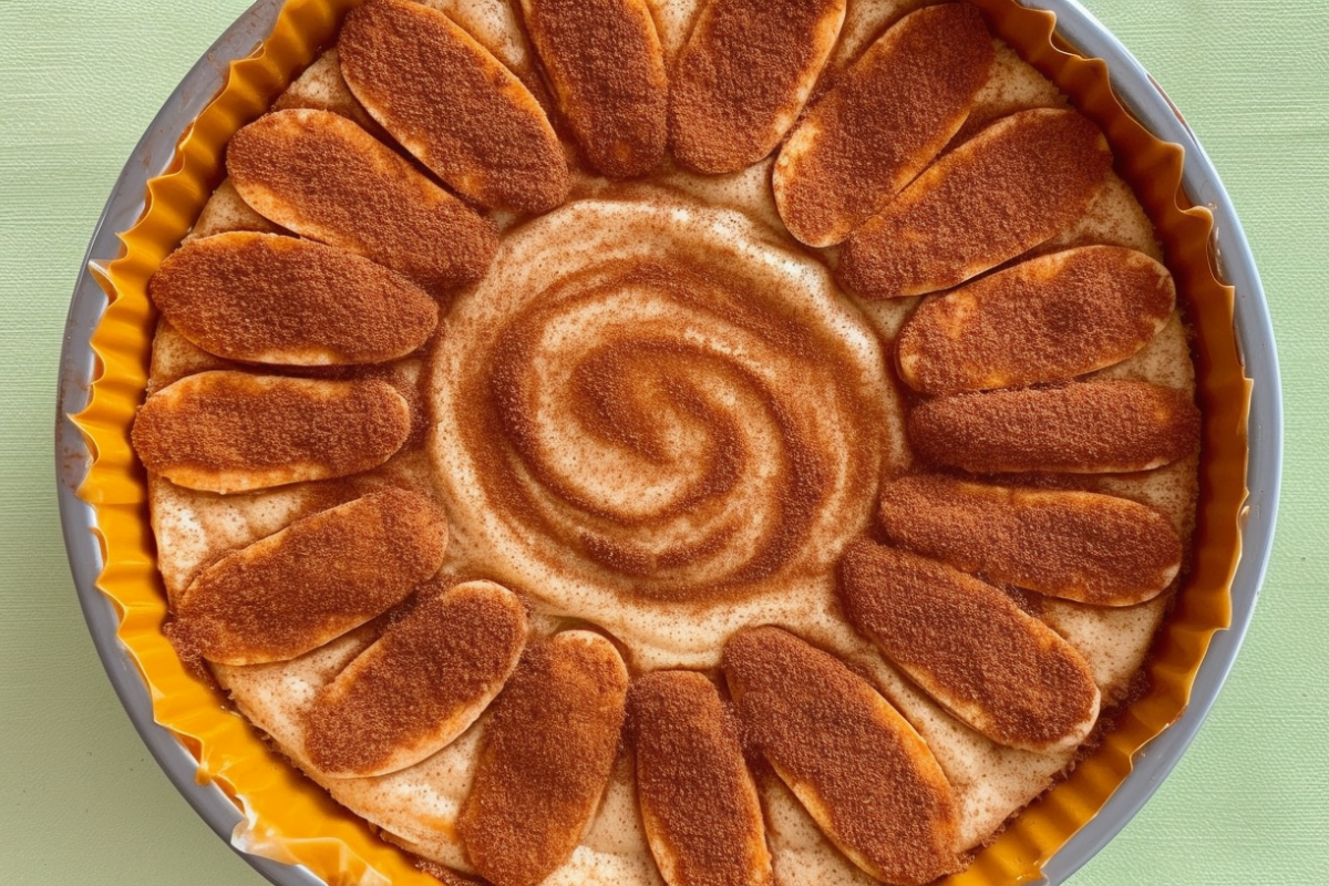 Top-down view of a freshly baked churro cheesecake with a golden cinnamon-sugar crust