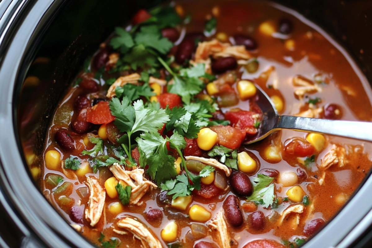 Santa Fe Soup in a slow cooker, showcasing colorful ingredients like beans, corn, and tomatoes, ready to serve in a cozy kitchen setting.