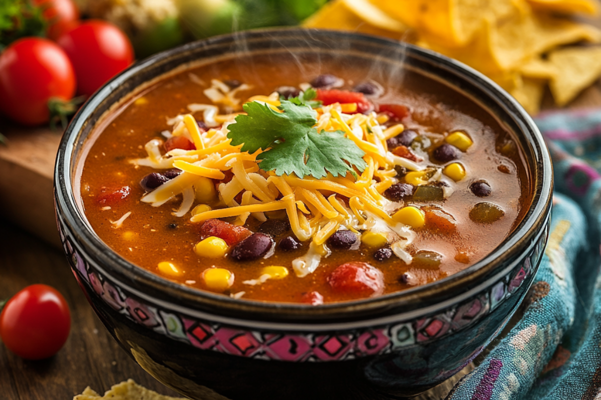 A bowl of steaming Santa Fe Soup garnished with cheese, cilantro, and tortilla chips, surrounded by fresh vegetables and spices on a rustic table.