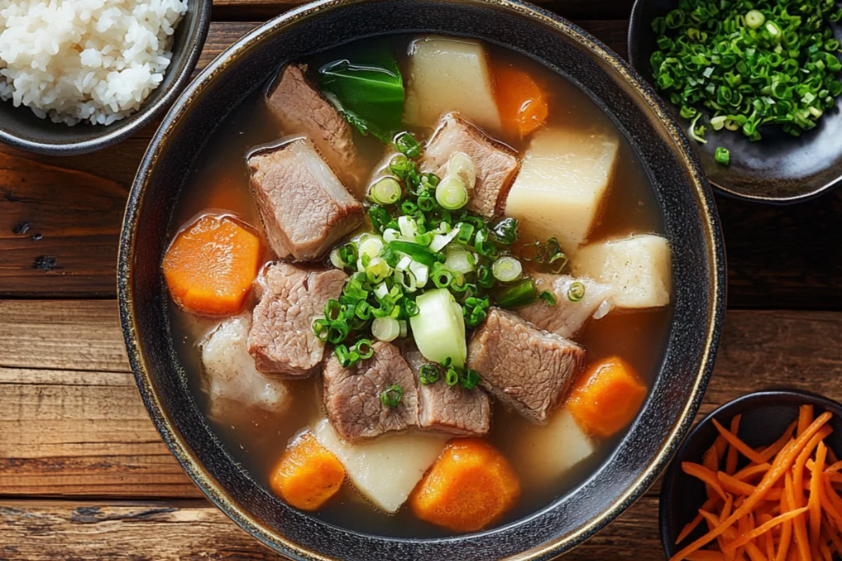 Tonjiru soup vegetables, served with rice and side dishes.