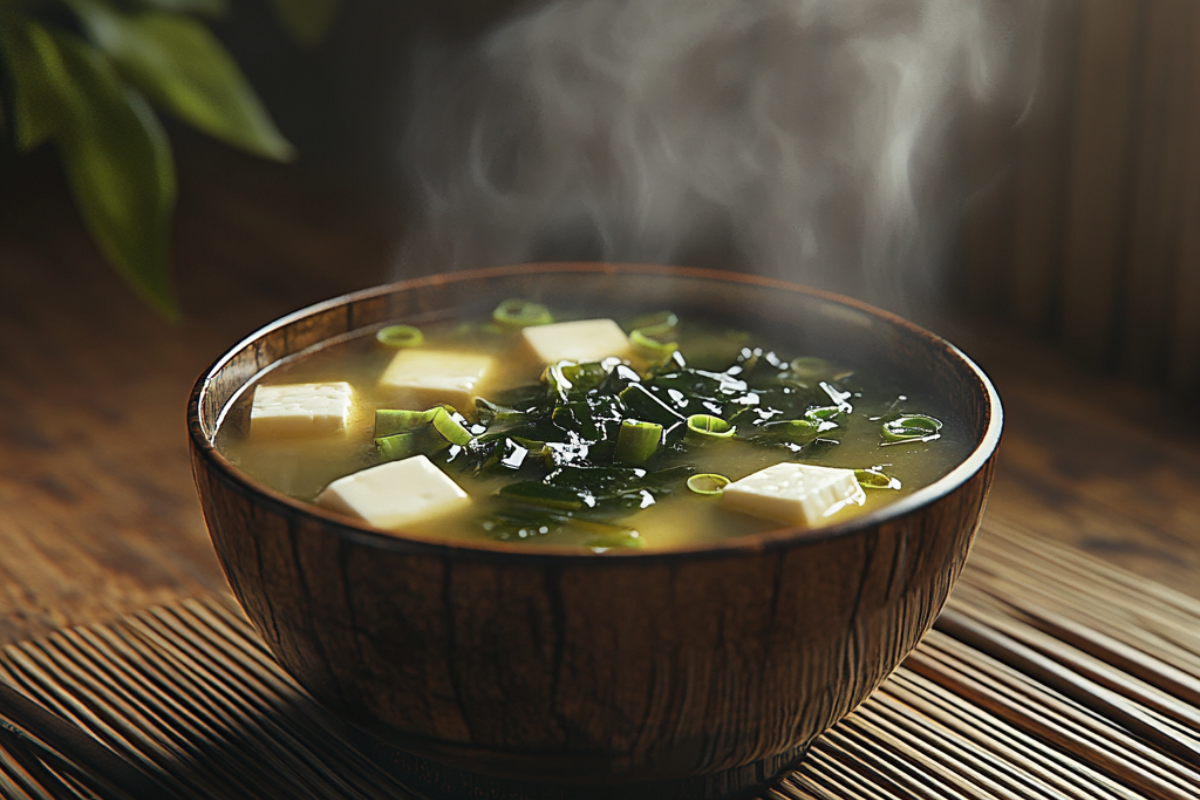 Traditional miso soup with tofu and seaweed in a lacquered bowl