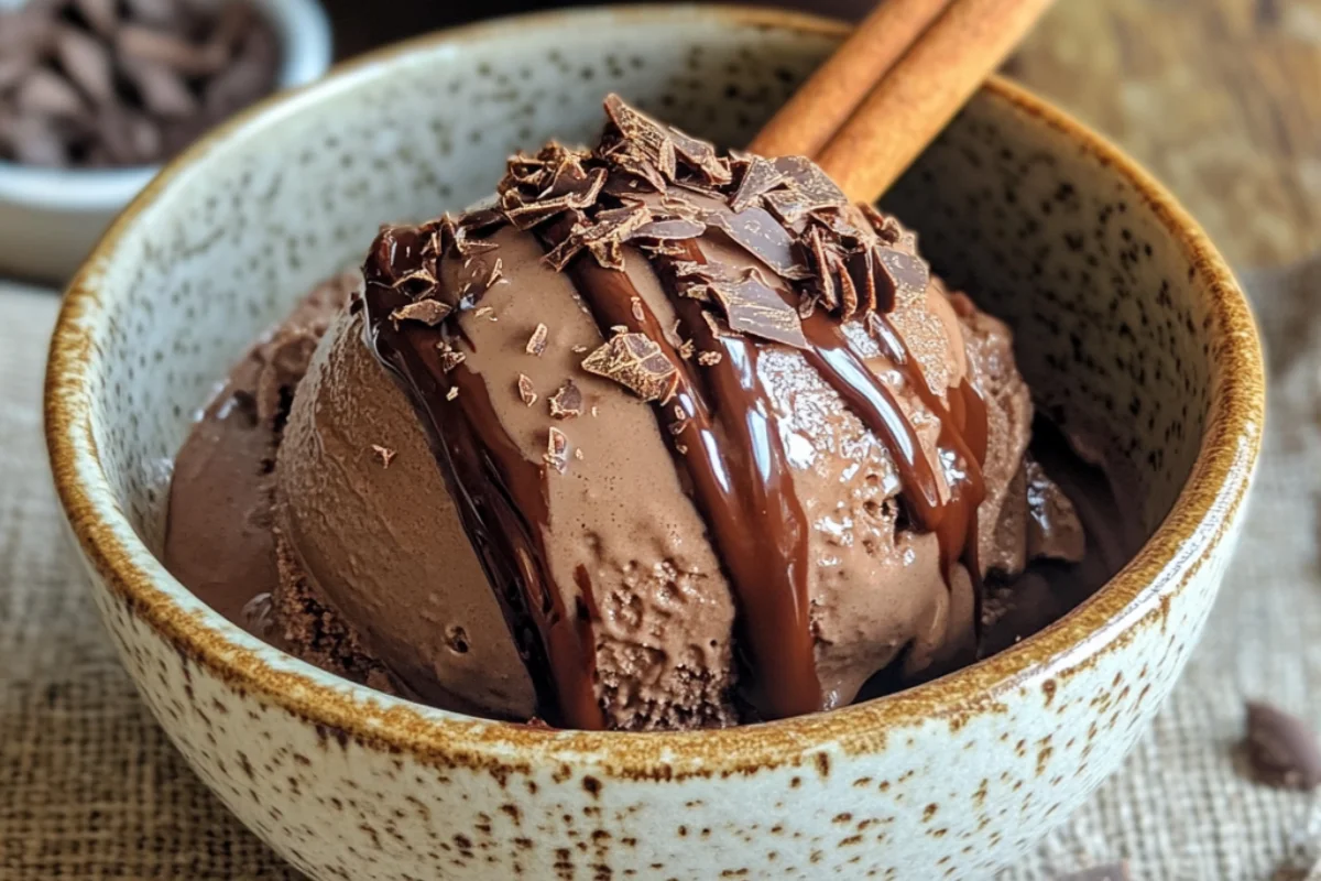 Abuelita hot chocolate-inspired ice cream served in a bowl, topped with cinnamon sticks and chocolate shavings, emphasizing its rich and creamy flavor.