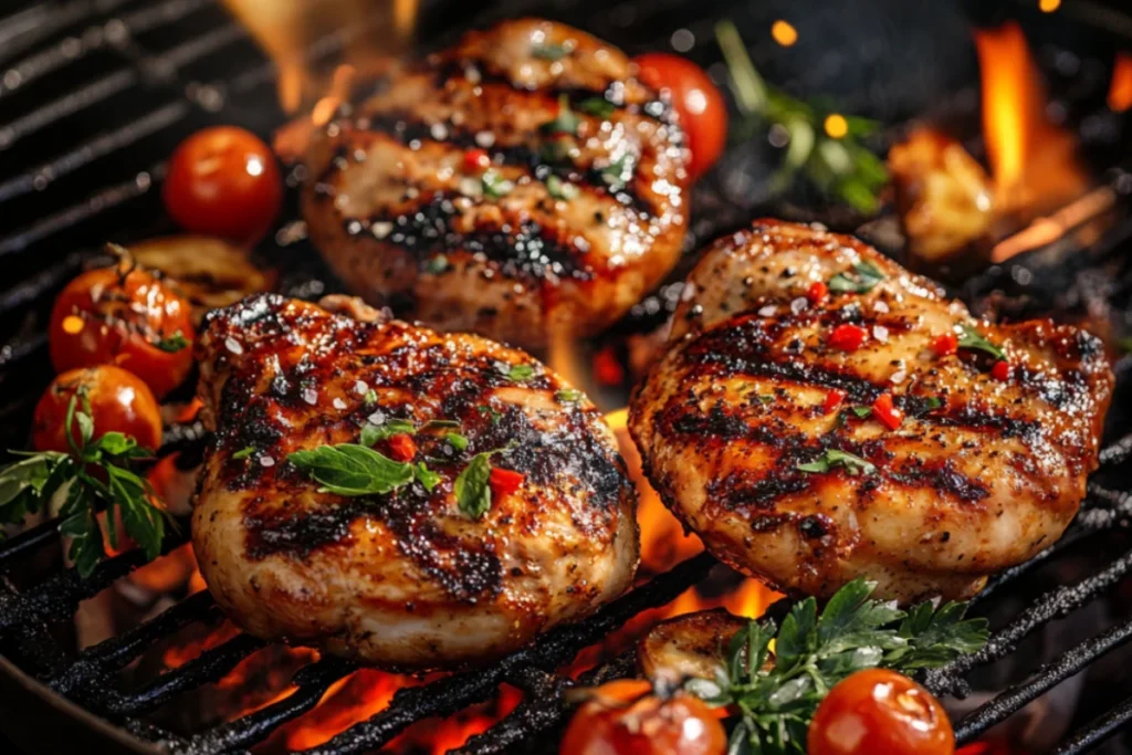"Platter of marinated chicken cuts with spices, herbs, and fresh ingredients on a wooden countertop.