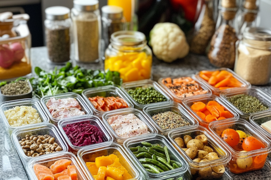 Meal prep containers with lean proteins, vegetables, and healthy fats for lean and green meals.