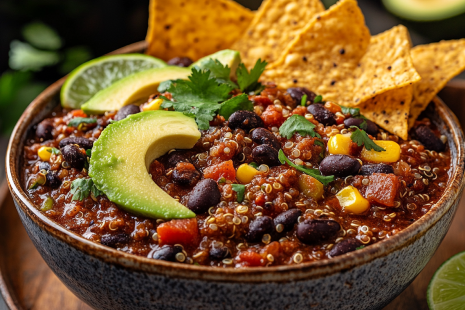 Black bean and quinoa chili served in a large bowl with toppings like avocado, lime, and tortilla chips on a family dinner table.