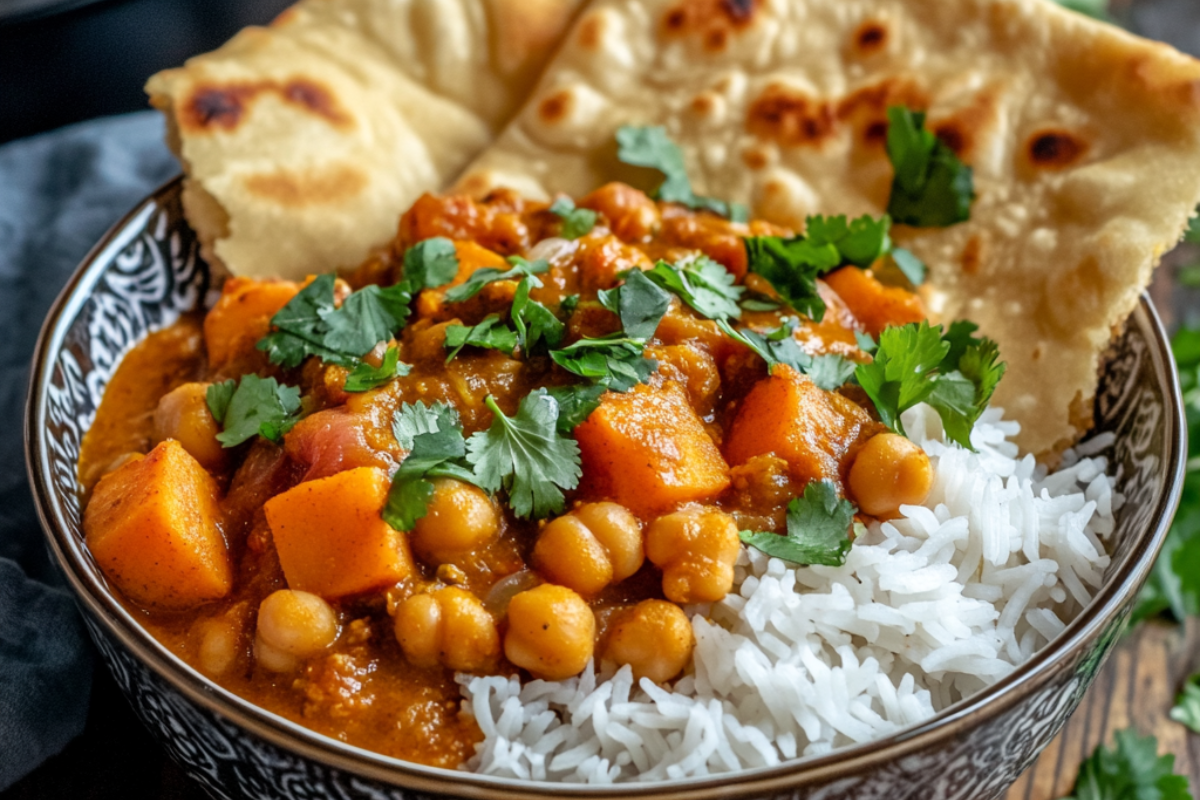 Spiced chickpea and sweet potato curry garnished with fresh cilantro, served with basmati rice and naan bread.