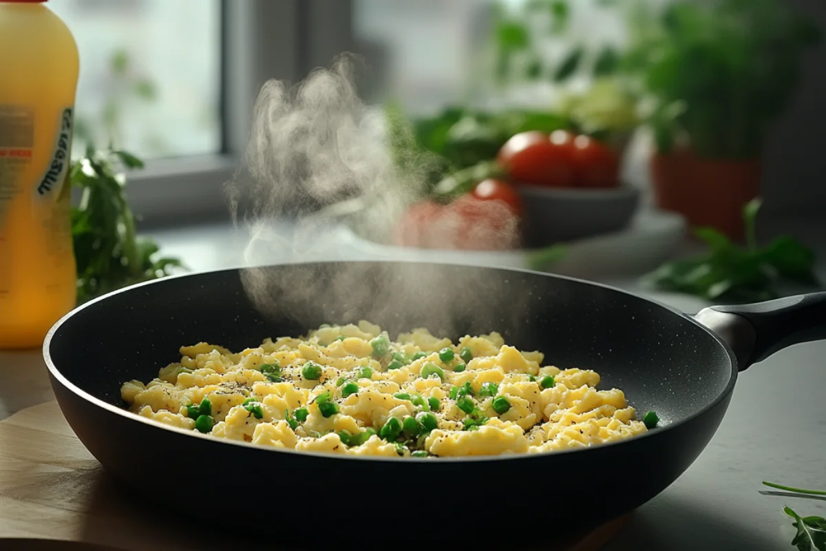 Scrambled egg whites with herbs in a non-stick frying pan, demonstrating healthy cooking techniques for Optavia Lean and Green meals.